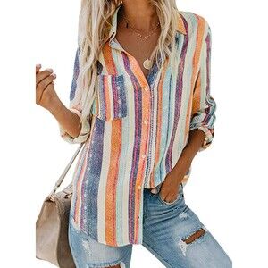 Astylish V Neck Striped Roll up Sleeve Button Down Blouse Sz S
